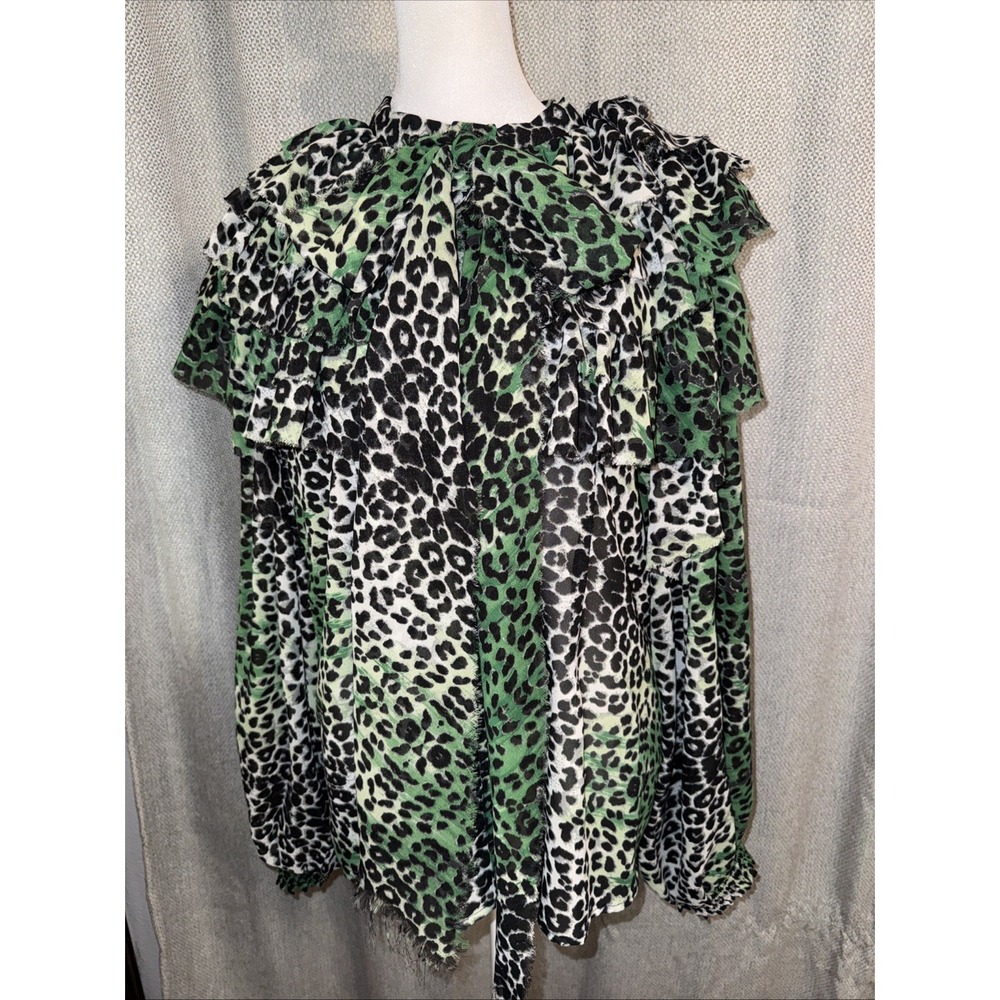Truth NYC Blouse Women's Size L Green Leopard Ruffle Tie Front Maximalist